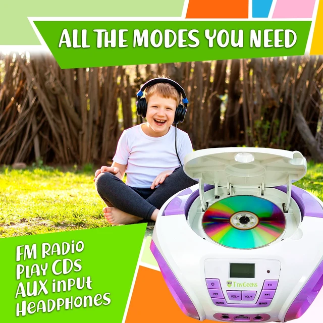 Alt view image 3 of 7 - Tunes Boombox CD Player, FM Radio with Speakers, US Adapter Features Disco RGB Lights, Batteries Included, Fun Gift for Toddlers - Purple