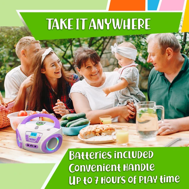 Alt view image 5 of 7 - Tunes Boombox CD Player, FM Radio with Speakers, US Adapter Features Disco RGB Lights, Batteries Included, Fun Gift for Toddlers - Purple