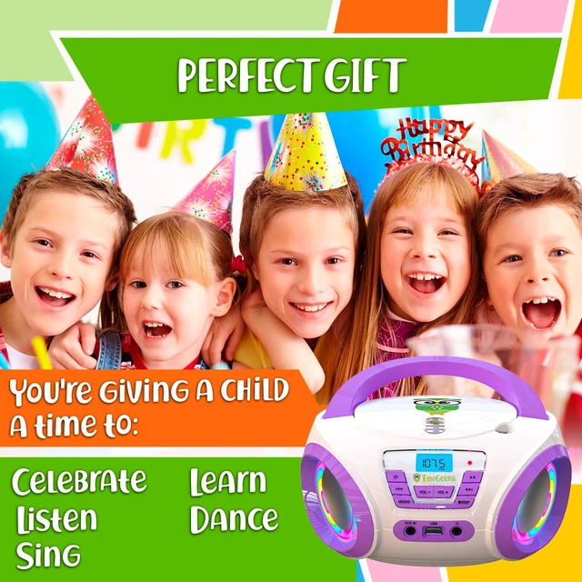 Alt view image 6 of 7 - Tunes Boombox CD Player, FM Radio with Speakers, US Adapter Features Disco RGB Lights, Batteries Included, Fun Gift for Toddlers - Purple