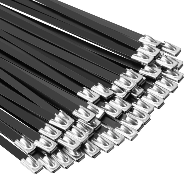 Main image of Metal Zip Ties Black 18 inch 290LB 50pcs Heavy Duty 304 Stainless Steel Epoxy Coated Locking Cable Exhaust Wrap Multi Purpose Binding for Machinery, Vehicles, Farms, Cables, Pipes,Fence