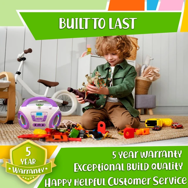 Alt view image 7 of 7 - Tunes Boombox CD Player, FM Radio with Speakers, US Adapter Features Disco RGB Lights, Batteries Included, Fun Gift for Toddlers - Purple