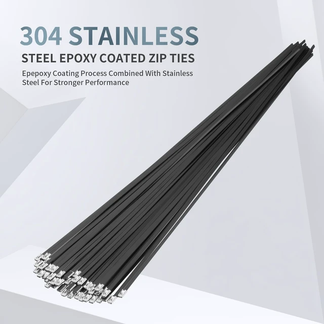 Alt view image 2 of 6 - Metal Zip Ties Black 18 inch 290LB 50pcs Heavy Duty 304 Stainless Steel Epoxy Coated Locking Cable Exhaust Wrap Multi Purpose Binding for Machinery, Vehicles, Farms, Cables, Pipes,Fence