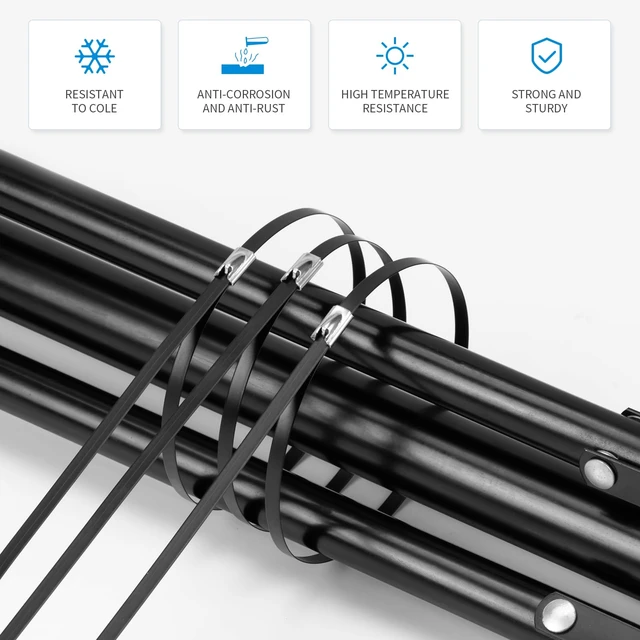 Alt view image 3 of 6 - Metal Zip Ties Black 18 inch 290LB 50pcs Heavy Duty 304 Stainless Steel Epoxy Coated Locking Cable Exhaust Wrap Multi Purpose Binding for Machinery, Vehicles, Farms, Cables, Pipes,Fence