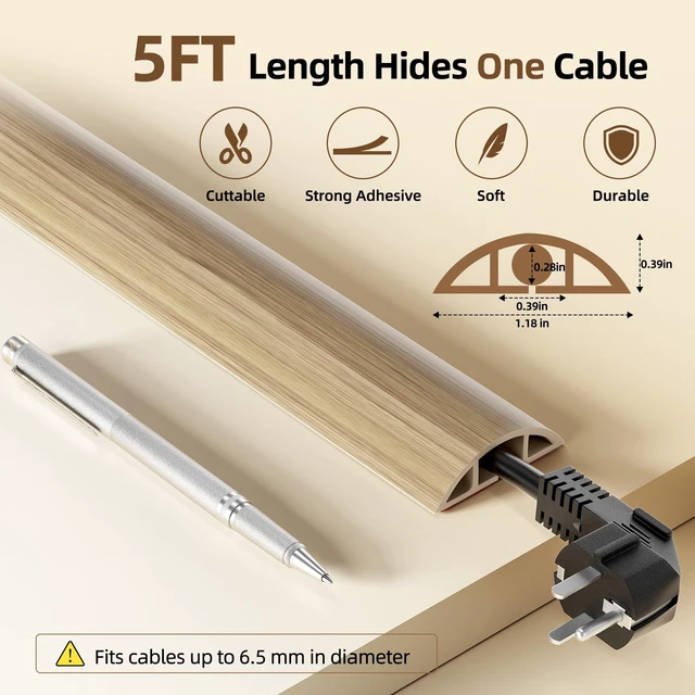 Alt view image 3 of 7 - 5ft Self-Adhesive Floor Cord Cover, 1.2''W Cord Hider, Lightwood Cord Covers for Wires on Floor, Cord Protector, Soft PVC, Anti-Trip, Cuttable, 0.39in Low Profile, For Home Office Doorway