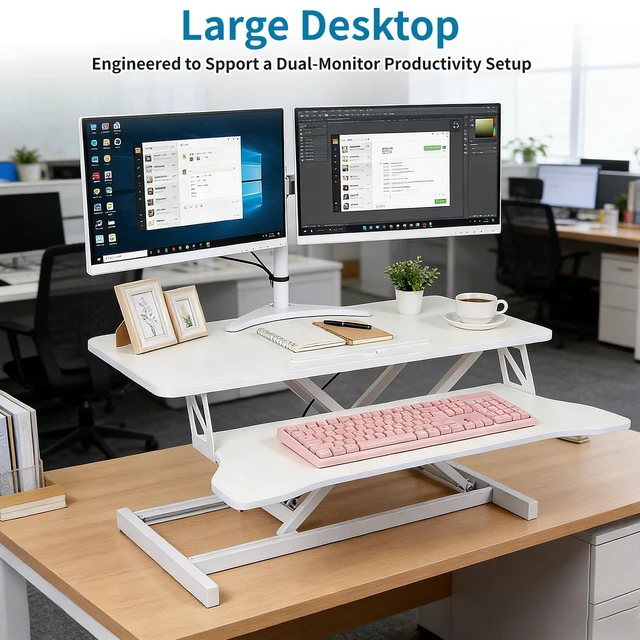 Alt view image 6 of 7 - Standing Desk Converter, Height Adjustable, Dual Monitor with Keyboard Tray Wide Keyboard Tray, Sturdy Construction, Sit-to-Stand Transition, Easy Assembly Tabletop Workstation for Home & Office