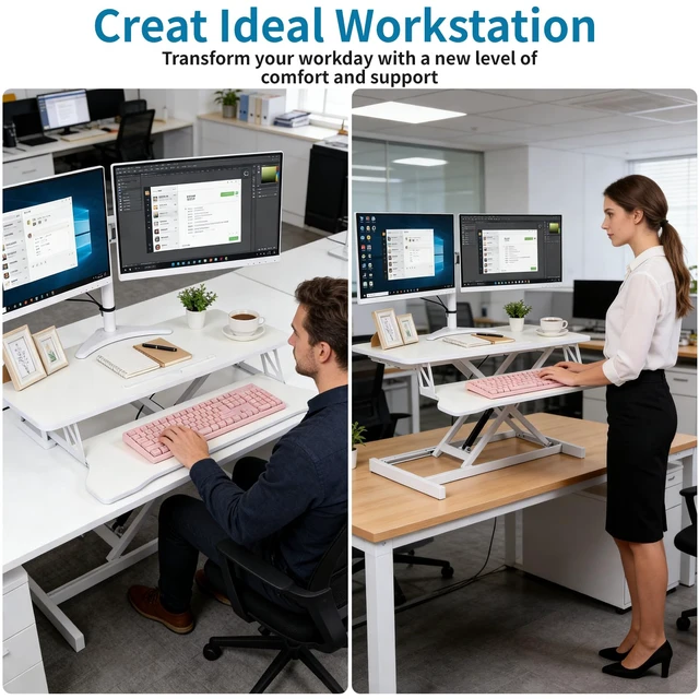 Alt view image 7 of 7 - Standing Desk Converter, Height Adjustable, Dual Monitor with Keyboard Tray Wide Keyboard Tray, Sturdy Construction, Sit-to-Stand Transition, Easy Assembly Tabletop Workstation for Home & Office