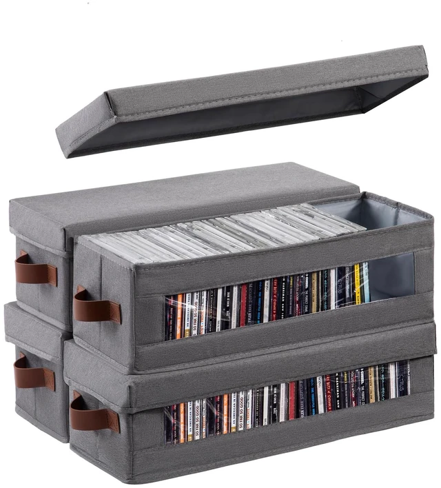 Main image of 4 Packs CD Storage Box with Visible Window, Stackable CD Case Holder with Dustproof Lid and Handles, Holds Up to 148 CDs in Full Jewel Cases-15.75 x 6.10 x 5.31 Inches-Grey