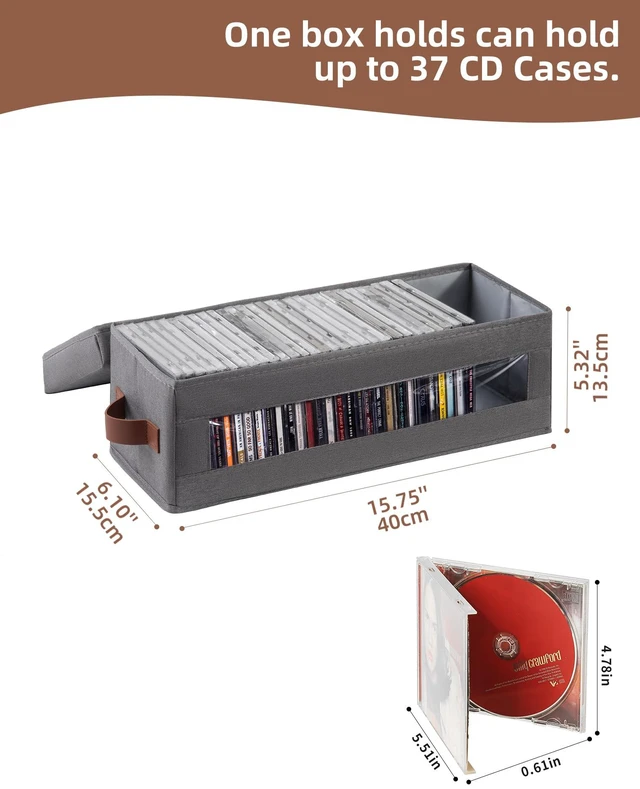 Alt view image 2 of 6 - 4 Packs CD Storage Box with Visible Window, Stackable CD Case Holder with Dustproof Lid and Handles, Holds Up to 148 CDs in Full Jewel Cases-15.75 x 6.10 x 5.31 Inches-Grey