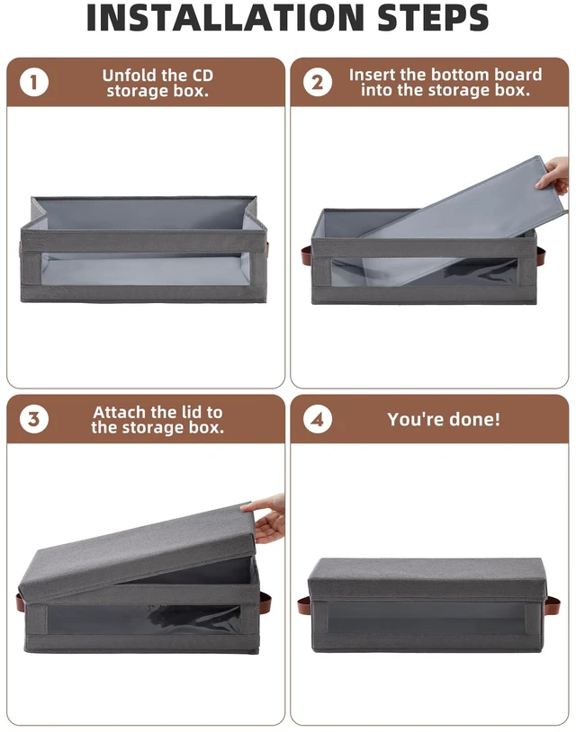 Alt view image 4 of 6 - 4 Packs CD Storage Box with Visible Window, Stackable CD Case Holder with Dustproof Lid and Handles, Holds Up to 148 CDs in Full Jewel Cases-15.75 x 6.10 x 5.31 Inches-Grey