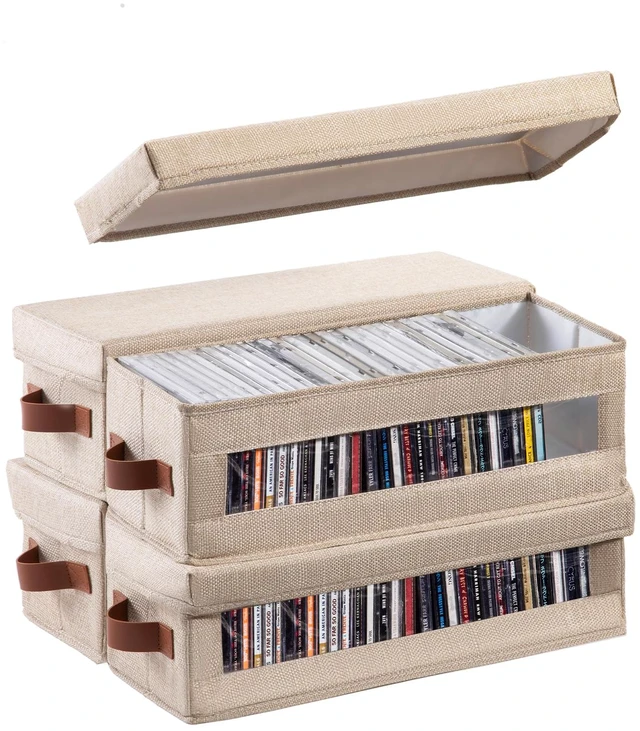 Main image of 4 Packs CD Storage Box with Visible Window, Stackable CD Case Holder with Dustproof Lid and Handles, Holds Up to 148 CDs in Full Jewel Cases-15.75 x 6.10 x 5.31 Inches-Beige