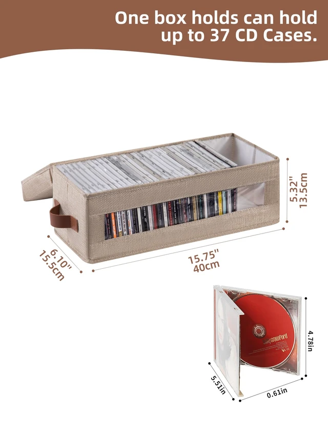Alt view image 2 of 7 - 4 Packs CD Storage Box with Visible Window, Stackable CD Case Holder with Dustproof Lid and Handles, Holds Up to 148 CDs in Full Jewel Cases-15.75 x 6.10 x 5.31 Inches-Beige