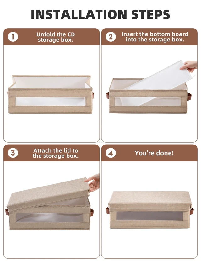 Alt view image 4 of 7 - 4 Packs CD Storage Box with Visible Window, Stackable CD Case Holder with Dustproof Lid and Handles, Holds Up to 148 CDs in Full Jewel Cases-15.75 x 6.10 x 5.31 Inches-Beige