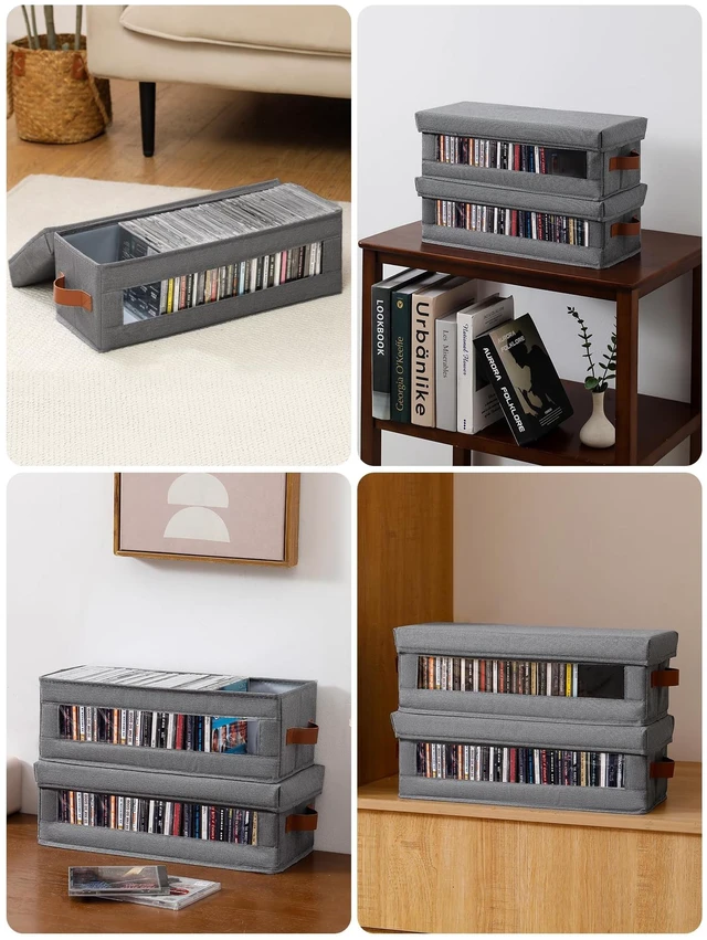 Alt view image 6 of 6 - 4 Packs CD Storage Box with Visible Window, Stackable CD Case Holder with Dustproof Lid and Handles, Holds Up to 148 CDs in Full Jewel Cases-15.75 x 6.10 x 5.31 Inches-Grey