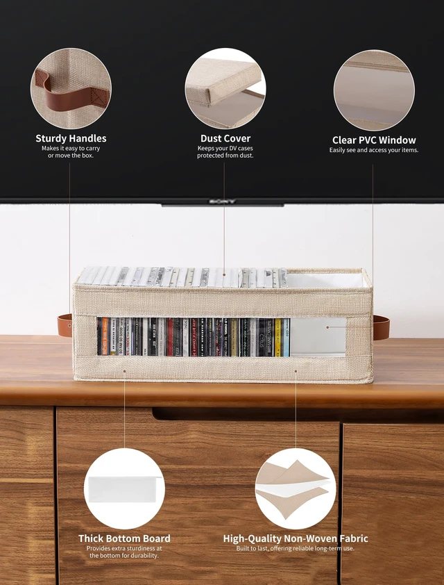 Alt view image 5 of 7 - 4 Packs CD Storage Box with Visible Window, Stackable CD Case Holder with Dustproof Lid and Handles, Holds Up to 148 CDs in Full Jewel Cases-15.75 x 6.10 x 5.31 Inches-Beige