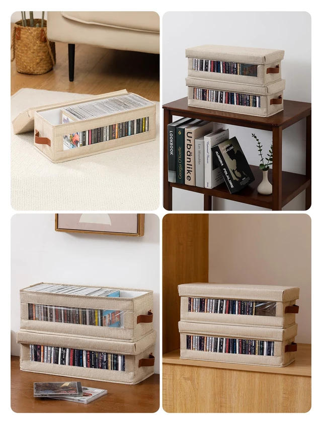 Alt view image 7 of 7 - 4 Packs CD Storage Box with Visible Window, Stackable CD Case Holder with Dustproof Lid and Handles, Holds Up to 148 CDs in Full Jewel Cases-15.75 x 6.10 x 5.31 Inches-Beige