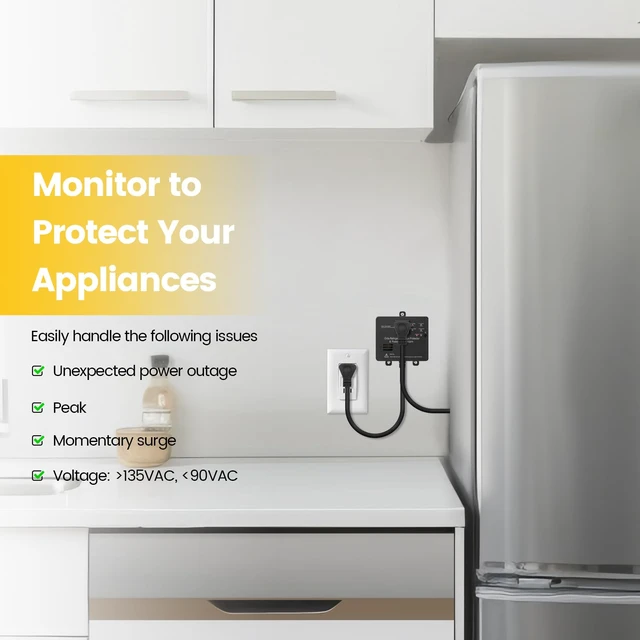Alt view image 2 of 7 - Refrigerator Surge Protector & Power Failure Alarm, Protects Against Voltage Abnormalities, with LED Indicator Light & 110dB Alarm, Ideal for Refrigerators, Freezers, and Sewage, Black