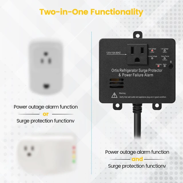 Alt view image 3 of 7 - Refrigerator Surge Protector & Power Failure Alarm, Protects Against Voltage Abnormalities, with LED Indicator Light & 110dB Alarm, Ideal for Refrigerators, Freezers, and Sewage, Black