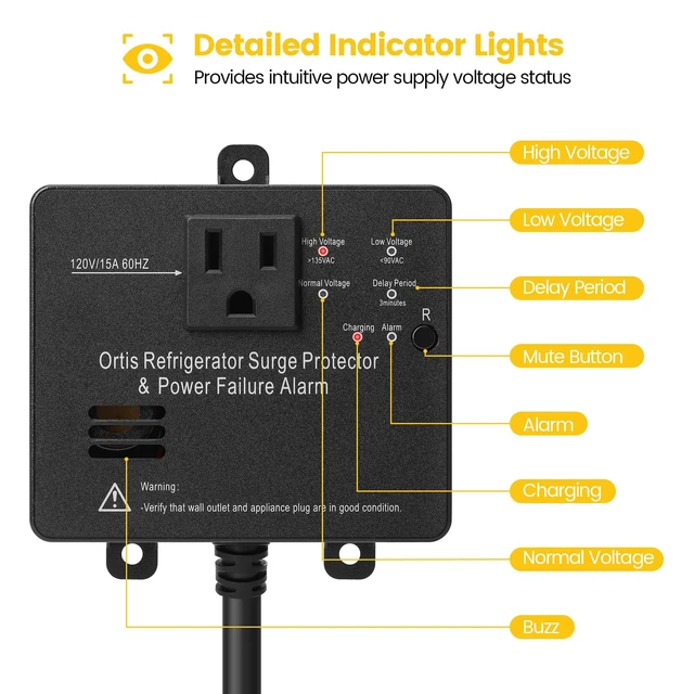 Alt view image 5 of 7 - Refrigerator Surge Protector & Power Failure Alarm, Protects Against Voltage Abnormalities, with LED Indicator Light & 110dB Alarm, Ideal for Refrigerators, Freezers, and Sewage, Black