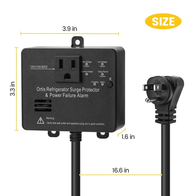 Alt view image 6 of 7 - Refrigerator Surge Protector & Power Failure Alarm, Protects Against Voltage Abnormalities, with LED Indicator Light & 110dB Alarm, Ideal for Refrigerators, Freezers, and Sewage, Black