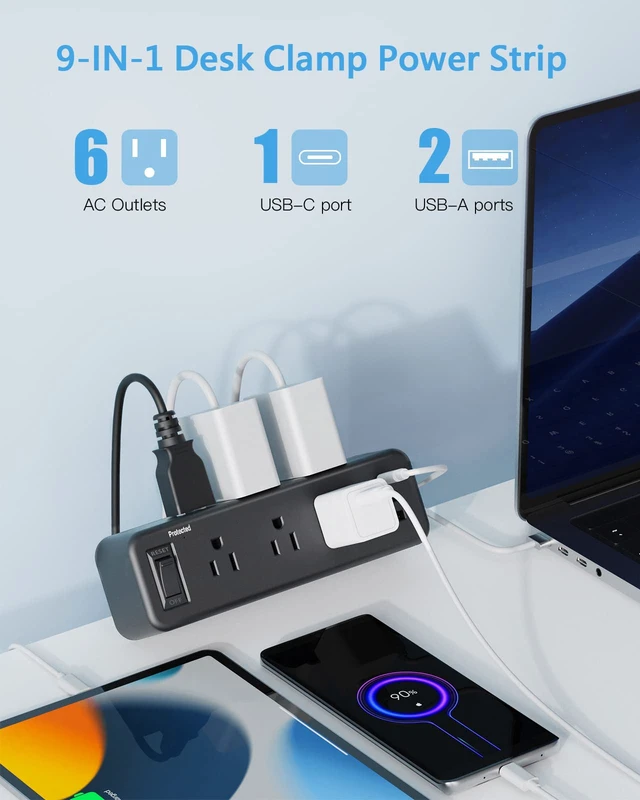 Alt view image 2 of 7 - 6 Outlet Desk Clamp Power Strip, Flat Plug Extension Cord Desktop Edge Mount for 1.8 inch Tabletop Thick, Table Edge Socket with Switch, 6 ft Cord with USB C, Black