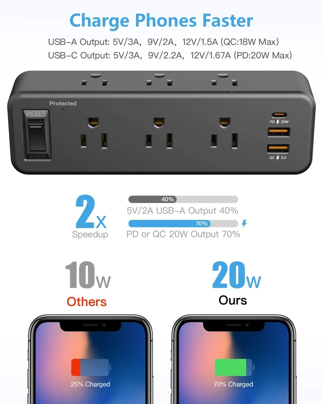 Alt view image 3 of 7 - 6 Outlet Desk Clamp Power Strip, Flat Plug Extension Cord Desktop Edge Mount for 1.8 inch Tabletop Thick, Table Edge Socket with Switch, 6 ft Cord with USB C, Black