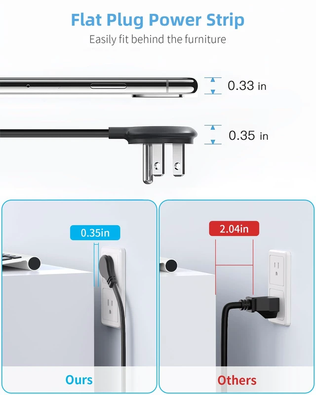 Alt view image 4 of 7 - 6 Outlet Desk Clamp Power Strip, Flat Plug Extension Cord Desktop Edge Mount for 1.8 inch Tabletop Thick, Table Edge Socket with Switch, 6 ft Cord with USB C, Black