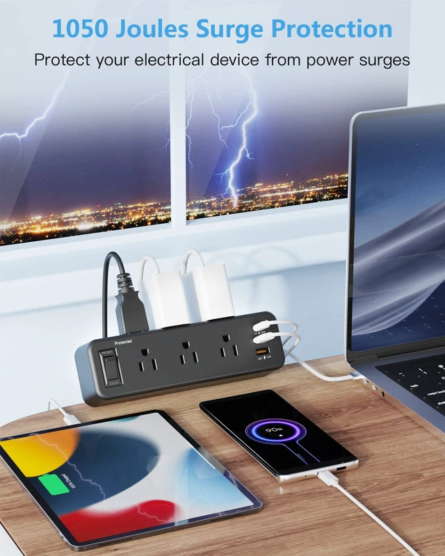 Alt view image 5 of 7 - 6 Outlet Desk Clamp Power Strip, Flat Plug Extension Cord Desktop Edge Mount for 1.8 inch Tabletop Thick, Table Edge Socket with Switch, 6 ft Cord with USB C, Black