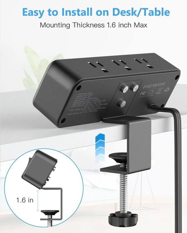 Alt view image 6 of 7 - 6 Outlet Desk Clamp Power Strip, Flat Plug Extension Cord Desktop Edge Mount for 1.8 inch Tabletop Thick, Table Edge Socket with Switch, 6 ft Cord with USB C, Black
