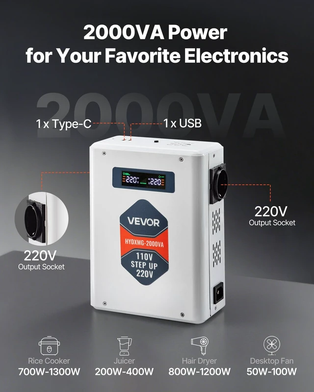 Alt view image 2 of 7 - Step Up Voltage Converter, 2000VA, Heavy Duty Voltage Power Converter, 110V to 220V Power Transformer, with 2 EU Outlets, USB Output, LCD Display, Temperature Protection, for 220V Appliances