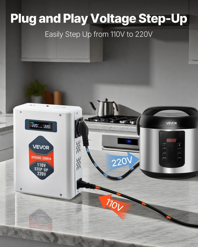 Alt view image 3 of 7 - Step Up Voltage Converter, 2000VA, Heavy Duty Voltage Power Converter, 110V to 220V Power Transformer, with 2 EU Outlets, USB Output, LCD Display, Temperature Protection, for 220V Appliances