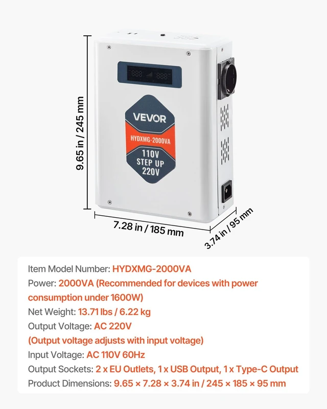 Alt view image 7 of 7 - Step Up Voltage Converter, 2000VA, Heavy Duty Voltage Power Converter, 110V to 220V Power Transformer, with 2 EU Outlets, USB Output, LCD Display, Temperature Protection, for 220V Appliances