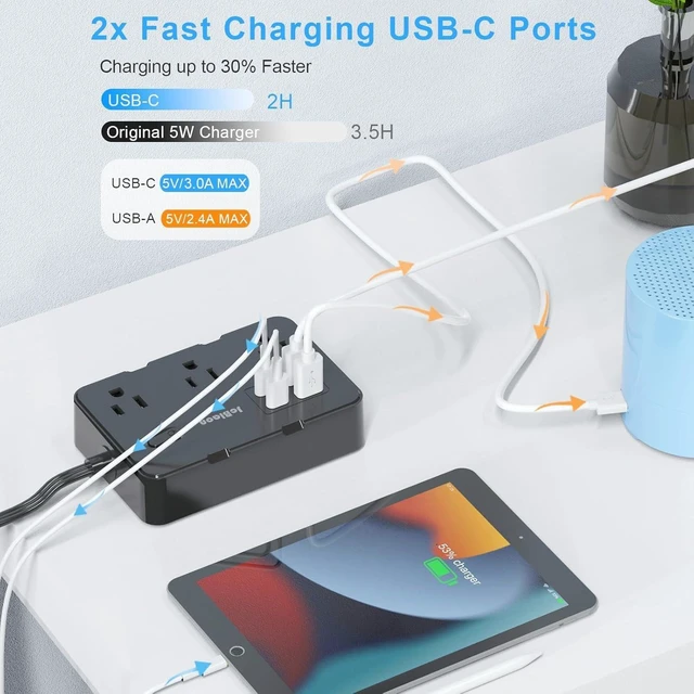 Alt view image 4 of 7 - Flat Plug Surge Protector Power Strip, 5 FT Flat Extension Cord with 6 Outlets 4 USB Ports (2 USB C), 1050J Protection Multiple Outlets Charging Station for Home Office, College Dorm Room Essentials