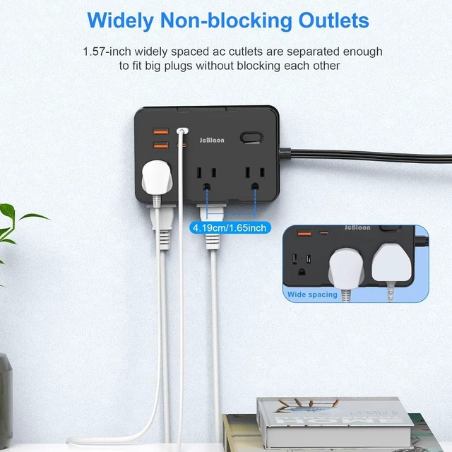Alt view image 6 of 7 - Flat Plug Surge Protector Power Strip, 5 FT Flat Extension Cord with 6 Outlets 4 USB Ports (2 USB C), 1050J Protection Multiple Outlets Charging Station for Home Office, College Dorm Room Essentials