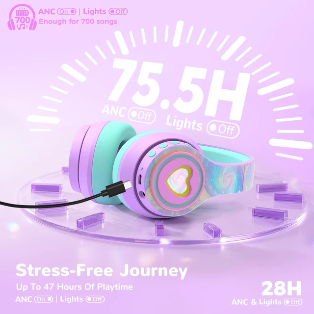 Alt view image 4 of 7 - Noise Cancelling Headphones for Kids Bluetooth 75H Play LED Lights SafeSound Tech 3.1, Bluetooth 6.0, Built-in Mic, AUX Cord, Wireless Headphones for Kids Toddler Girls Autism, Travel, Tablet