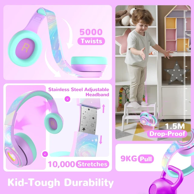 Alt view image 6 of 7 - Noise Cancelling Headphones for Kids Bluetooth 75H Play LED Lights SafeSound Tech 3.1, Bluetooth 6.0, Built-in Mic, AUX Cord, Wireless Headphones for Kids Toddler Girls Autism, Travel, Tablet