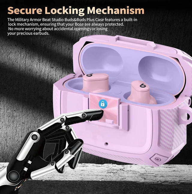 Alt view image 2 of 7 - for Beats Studio Buds/Bud + Case Cover with Lock Clip 2021/2023, Rugged Shockproof Protective Hard Skin with Carabiner&Cleaner Pen Men Women for Beat Studio Buds/Bud Plus Earbuds - Pink