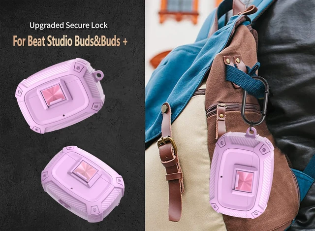Alt view image 4 of 7 - for Beats Studio Buds/Bud + Case Cover with Lock Clip 2021/2023, Rugged Shockproof Protective Hard Skin with Carabiner&Cleaner Pen Men Women for Beat Studio Buds/Bud Plus Earbuds - Pink