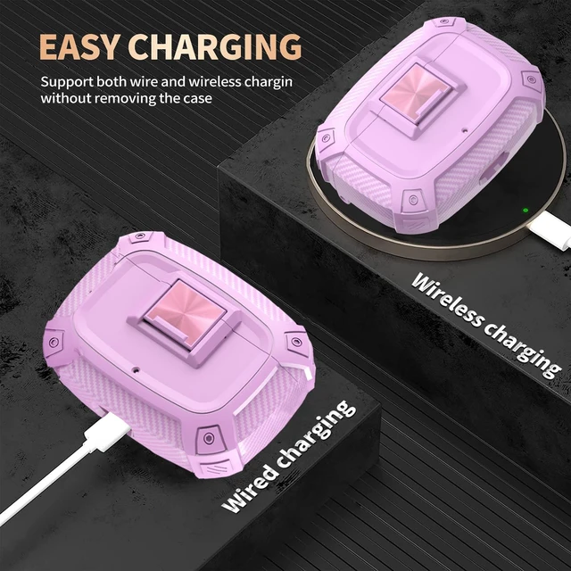 Alt view image 6 of 7 - for Beats Studio Buds/Bud + Case Cover with Lock Clip 2021/2023, Rugged Shockproof Protective Hard Skin with Carabiner&Cleaner Pen Men Women for Beat Studio Buds/Bud Plus Earbuds - Pink