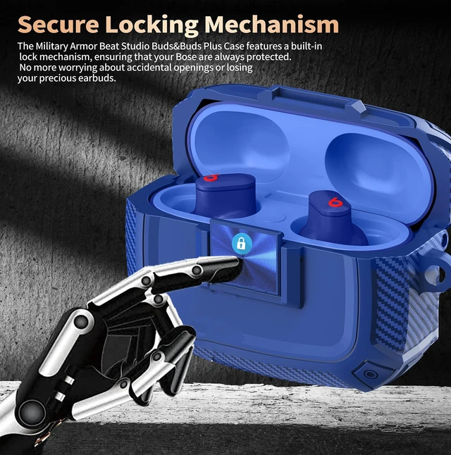 Alt view image 2 of 7 - for Beats Studio Buds/Bud + Case Cover with Lock Clip 2021/2023, Rugged Shockproof Protective Hard Skin with Carabiner&Cleaner Pen Men Women for Beat Studio Buds/Bud Plus Earbuds - Blue