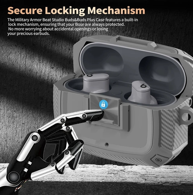 Alt view image 2 of 7 - for Beats Studio Buds/Bud + Case Cover with Lock Clip 2021/2023, Rugged Shockproof Protective Hard Skin with Carabiner&Cleaner Pen Men Women for Beat Studio Buds/Bud Plus Earbuds - Grey