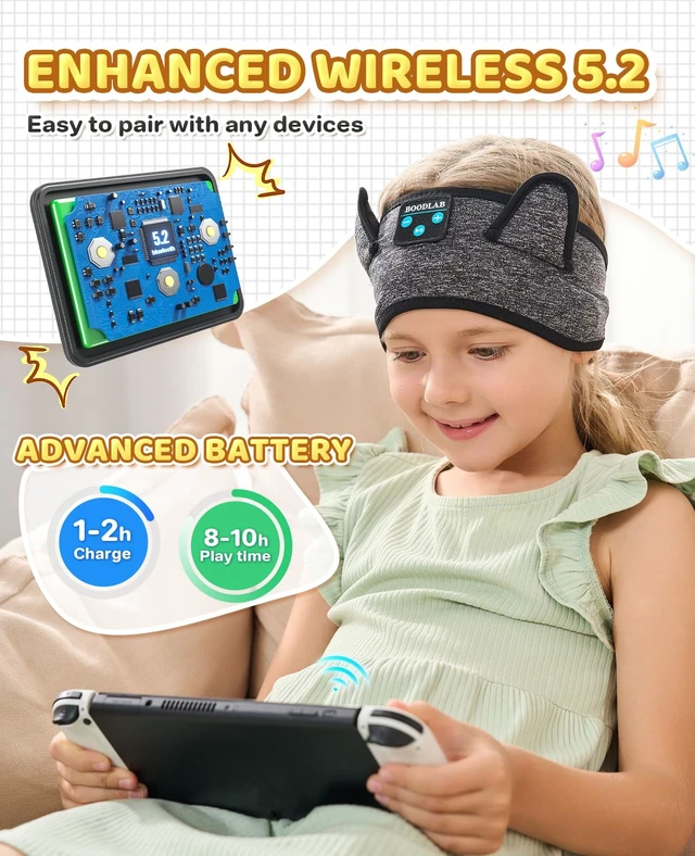 Alt view image 3 of 7 - Kids Headband Headphones-Toddler Wireless Bluetooth Headphones with Safe Volume, Wired 3.5mm Jack, Adjustable Sleep Headband-for School/Airplane Travel/Tablet/Kindle, with Travel Bag - Boys & Girls