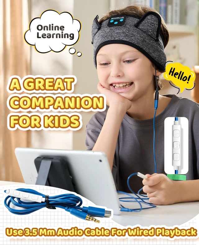 Alt view image 4 of 7 - Kids Headband Headphones-Toddler Wireless Bluetooth Headphones with Safe Volume, Wired 3.5mm Jack, Adjustable Sleep Headband-for School/Airplane Travel/Tablet/Kindle, with Travel Bag - Boys & Girls