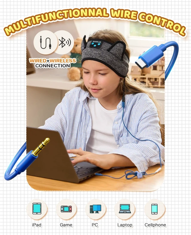 Alt view image 5 of 7 - Kids Headband Headphones-Toddler Wireless Bluetooth Headphones with Safe Volume, Wired 3.5mm Jack, Adjustable Sleep Headband-for School/Airplane Travel/Tablet/Kindle, with Travel Bag - Boys & Girls