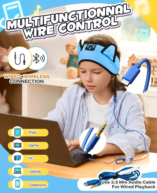 Alt view image 5 of 7 - Kids Headphones, Headband for Children Baby & Toddlers, Bluetooth Toddler Headphones Wireless and Wired Playback 3.5 MM Jack for School, Stretchy & Comfy Travel Accessories