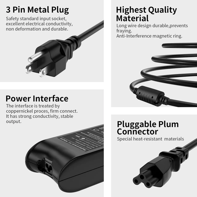 Alt view image 3 of 7 - 90W Laptop Charger Compatible with Dell Latitude D630 D830 5480 D820 D620 D610 D520 E4310 E4300 E5400 E5500 E5510 5591 Chromebook 11 3120 3180 3189 0J62H3 PA-10 PA-12 PA12 Power Supply Cord
