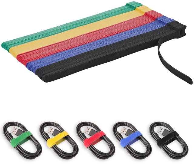 Main image of Reusable Hook and Loop Cable Ties, Multicolor, 10 Inch, 50 Pack Adjustable Wire and Cable Management Straps, Heavy Duty Cord Organization, ColorCoded for Desks, Home Offices, Data Centers