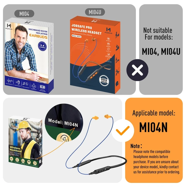Alt view image 2 of 7 - 2pcs Replacement Work Earbuds Cables for Model#MI04N Wireless Neckband Replaceable Earbuds (Grey & Yellow)