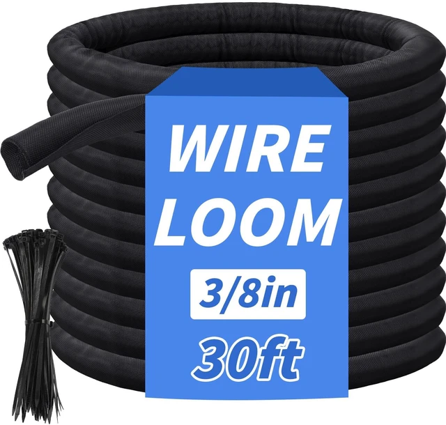 Main image of 30ft - 3/8in Split Braided Sleeve Cable Management, Self-Wrapping Flexible loom tubing protects wires from abrasion and heat. Great for automotive, TV, computer, and home electrical use