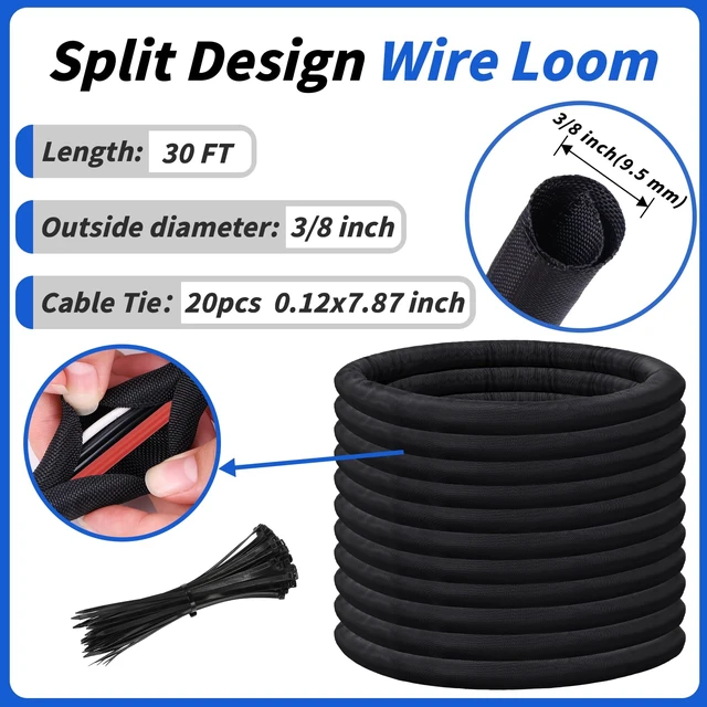 Alt view image 2 of 7 - 30ft - 3/8in Split Braided Sleeve Cable Management, Self-Wrapping Flexible loom tubing protects wires from abrasion and heat. Great for automotive, TV, computer, and home electrical use