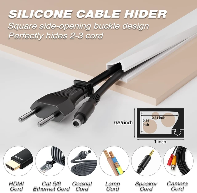 Alt view image 2 of 7 - 78" Flexible Cord Hider Wall for Mounted TV 2-3 Wires, Side Buckle Square Wall Cable Hider Hiding Wires Along WallSelfadhesive Silicone Electical Cord Cover(White)